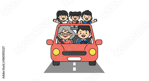 A cartoon illustration of a smiling family in a red car with luggage on top driving on a road with a sunny and adventurous mood.