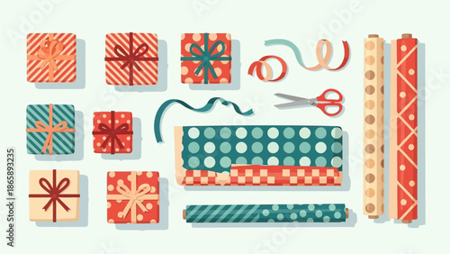 Gift wrapping elements arranged with scissors on a white background