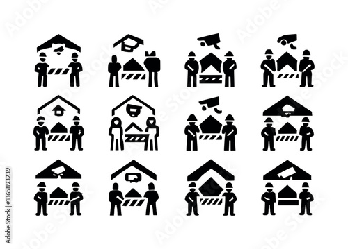 Military Checkpoint Icons. A military checkpoint with soldiers keeping watch. Icon set. Set Logo of Military checkpoint: security camera. harmonious logo