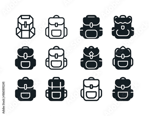 Adventure Icon Set. Adventure seeking. Icon set. Set Logo of Adventure seeking: Backpack. harmonious logo variations of the same emblematic concept, each with