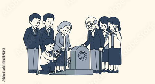 Illustration of a diverse group of people standing around a tombstone with a flower, on a plain background.