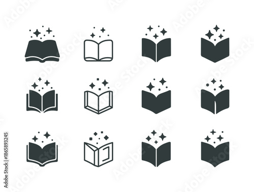 Magical Tome Icons. Dusty tome. Icon set. Set Logo of Dusty tome: magical aura book. harmonious logo variations of the same emblematic concept, each with