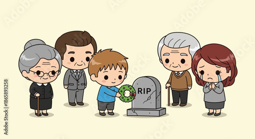 Cartoon illustration of a diverse group of people standing around a gravestone with a child holding flowers, against a pale yellow background with a somber mood.