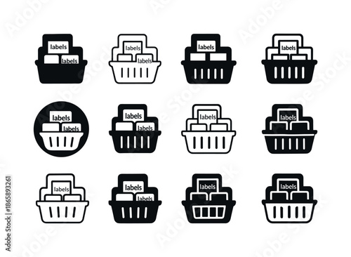 Fridge Organizer Icons. Organizing fridge shelves. Icon set. Set Logo of organizing fridge shelves: labeled baskets. harmonious logo variations of the same