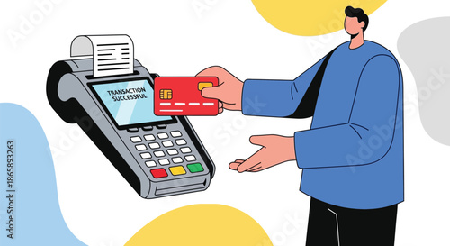Illustration of a man handing a credit card to a cashier at a payment terminal with colorful abstract shapes in the background.