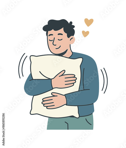 Comfort with Pillows. Finding the comfiest spot. A character shifts a pillow side to side, motion lines forming a soothing rhythm. Floating heart icons show