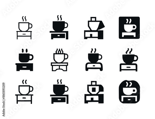 Tea Icons Collection. A warm cup of tea or milk by the bedside. Icon set. Set Logo of a warm cup of tea or milk by the bedside: steaming mug silhouette.