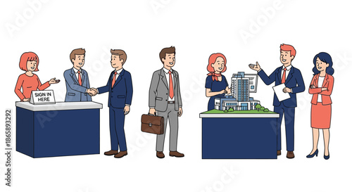 Illustration of business professionals interacting with service staff at counters in a formal setting with a professional mood.
