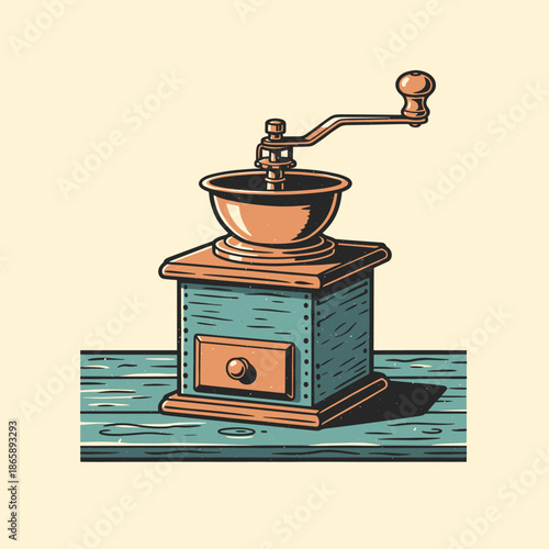 Retro Coffee Grinder Woodcut Illustration Vintage Kitchen Tool