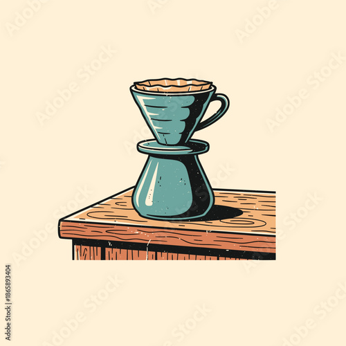 Vintage Pour Over Coffee Brewer Illustration on a Wood Table