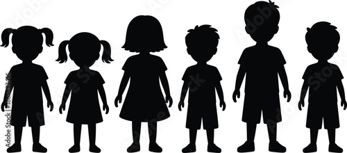 kids, silhouette, children, group, boys, girls, standing, black, outline, cartoon, figures, childhood, friends, family, people, illustration, teamwork, concept, white, background