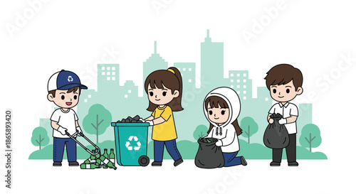 Illustration of diverse group of children picking up trash and recycling in an urban setting with green trees and buildings.