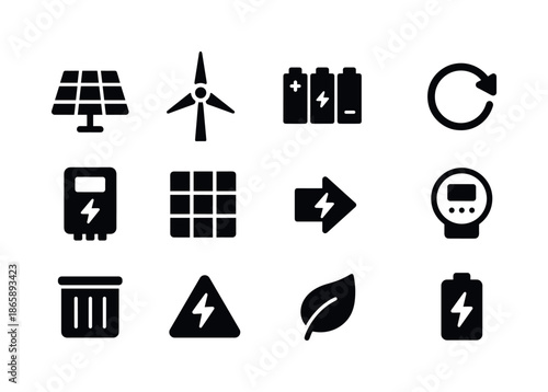 Renewable Energy Icons. Renewable energy storage. Solid icon set of renewable energy storage: solar panel, wind turbine, battery bank, charge arrow, inverter,