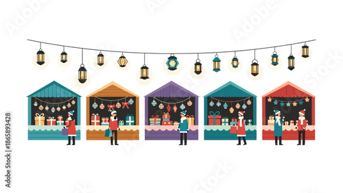 Vibrant Market Stalls Illuminated Under Hanging Lanterns on a Winter Evening