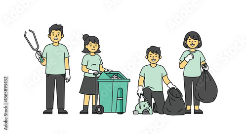 Illustration of four people in green shirts collecting and sorting trash with various tools on a white background with a clean and eco-friendly mood.
