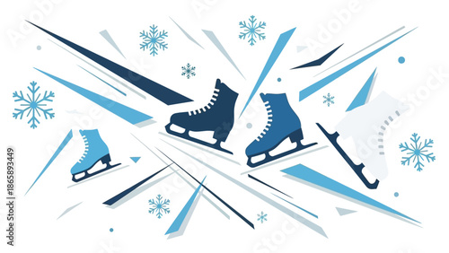 Pair of ice skates and hockey sticks surrounded by snowflakes and dynamic shapes in a winter sports theme illustration
