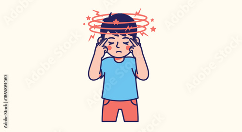 Cartoon illustration of a stressed young boy with hands on temples and red explosive lines around his head on a pale yellow background.