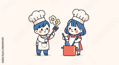 Two cheerful cartoon chefs cooking together with a pot and utensils on a clean white background with a playful mood.