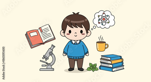 Cartoon illustration of a thoughtful boy standing with educational objects like books, a microscope and a cup of coffee on a plain background.