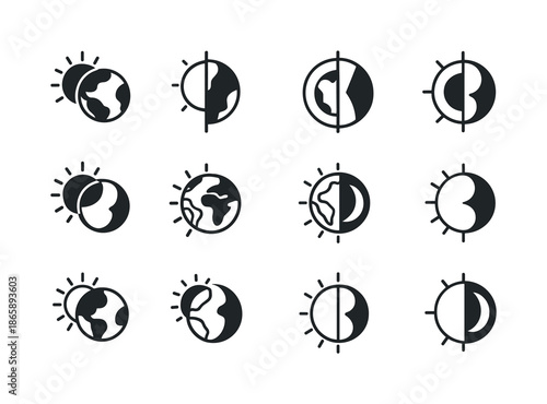 Earth Rotation Icons. Earth's rotation. Icon set. Set Logo of earth's rotation: day-night cycle icon. harmonious logo variations of the same emblematic