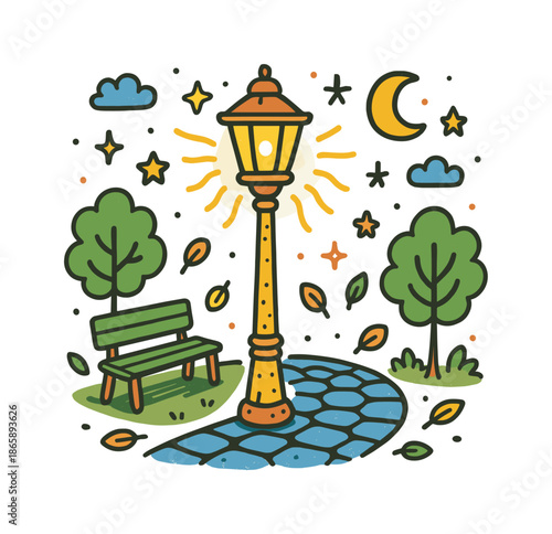 Whimsical Night Street. Lamp Post. Colorful Hand-drawn doodle Children illustration lamp post, street light glow, cobblestone path, trees, stars, moon, bench,