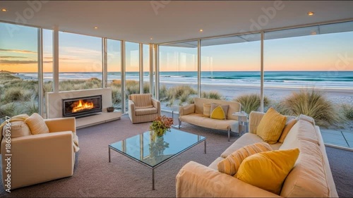 Elegant living room with expansive windows overlooking a serene beach at sunset.