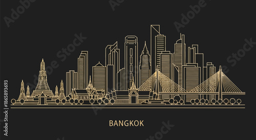 Golden line art illustration of Bangkok city skyline with prominent buildings and temples on black background.