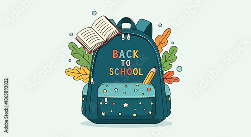 Flat lay illustration of a teal backpack with 'Back to School' text surrounded by colorful leaves and school supplies.