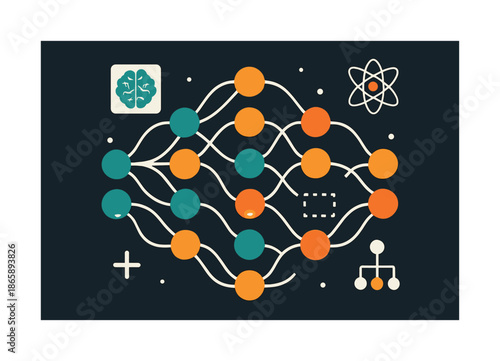 Rhythmic Neural Networks. Neural networks. Interconnected nodes lighting up in rhythmic patterns; curved pathways showing information travel. Floating icons