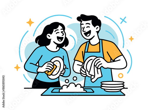 Chore Laughter Connection. Everyday joy. Sharing a laugh while doing chores, soft arcs of connection surround them, with playful spark-like icons drifting