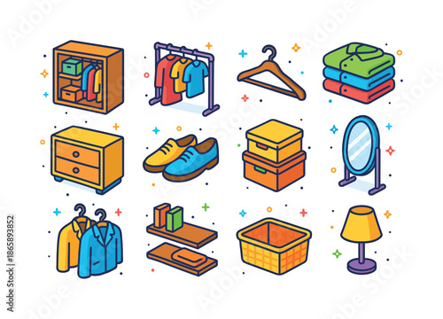 Colorful Closet Icons. Closet. Colorful isometric vector icons set of closet: open closet, hanging clothes, coat hangers, folded shirts, drawers, shoes,