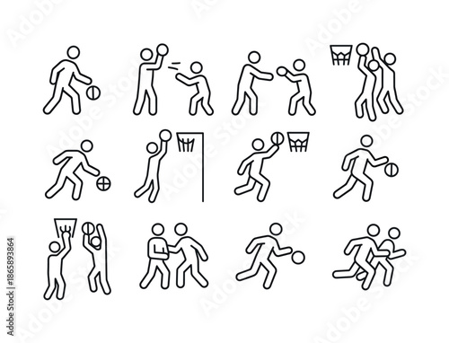Basketball Icon Set. Basketball actions. Line icon set of Basketball actions: dribbling, shooting, passing, blocking, stealing, dunking, layup, jump shot,