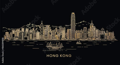 Golden illustration of Hong Kong city skyline at night with a harbor and mountains in the background against a black backdrop.