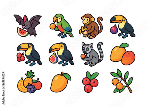 Colorful Frugivore Icons. Frugivores. Colorful isometric vector icons set of Frugivores: fruit bat, parrot eating fruit, monkey with banana, toucan with