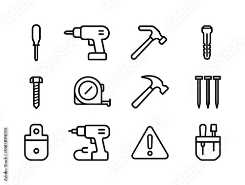 Bathroom Mirror Icons. adding a new mirror in the bathroom. Line icon set of adding a new mirror in the bathroom: screw driver, drill driver, hex wrench, wall