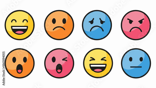 Eight cartoon faces displaying various emotions like happiness, sadness, anger, shock, and neutrality