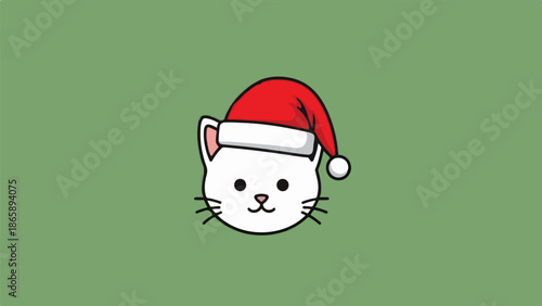 Cute white cat wearing a festive red Santa hat, set against a simple green background