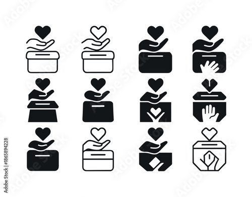 Poverty Alleviation Icons. poverty alleviation. Icon set. Set Logo of poverty alleviation: donation box symbol. harmonious logo variations of the