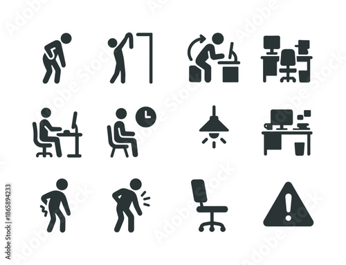 Ergonomic Hazard Icons. Ergonomic hazards. Solid icon set of Ergonomic hazards: awkward posture icon, overreaching symbol, repetitive motion icon, heavy