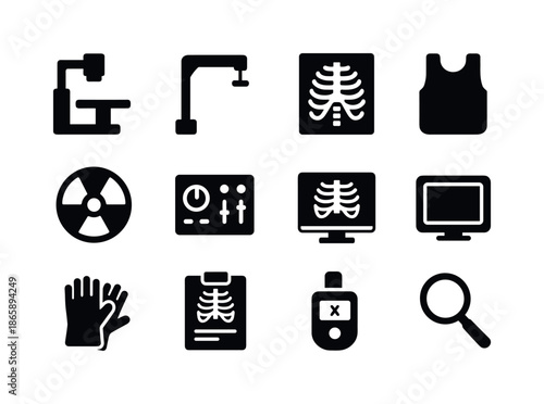 X-Ray Tools Icons. X-Ray Tools. Solid icon set of X-Ray Tools: x-ray machine, scanner arm, film sheet, lead apron, radiation symbol, control panel, monitor