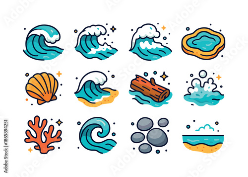 Ocean Wave Icons. Ocean Waves. Colorful isometric vector icons set of Ocean Waves: rolling wave, crashing wave, foam crest, tide pool, seashell, sandy shore,