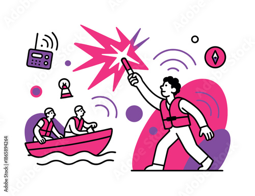 Evacuation Flare Signal. Evacuation Boat Signal. A bright flare emits geometric light beams as an evacuation boat approaches, with curved lines showing