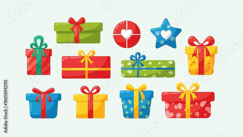 Colorful Christmas Gifts and Ornaments Arranged in a Pattern on a White Background