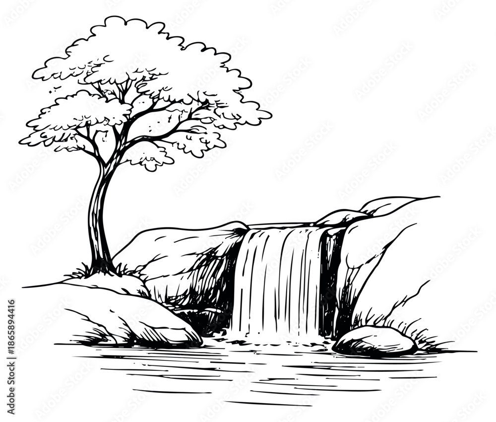 Obraz premium Hand drawn line art illustration of a waterfall scene depicting a flowing cascade for nature and outdoor themes