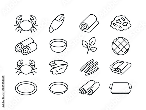 Crab Spring Roll Icons. Crab Spring Rolls. Line icon set of Crab Spring Rolls: crab shell, crab claw meat, crab roll wrap, crab filling, crab roll halves,