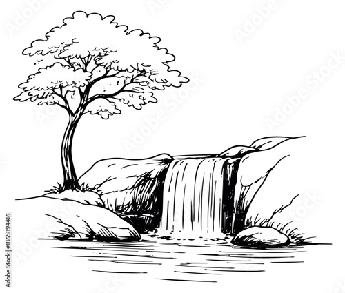Hand drawn line art illustration of a waterfall scene depicting a flowing cascade for nature and outdoor themes