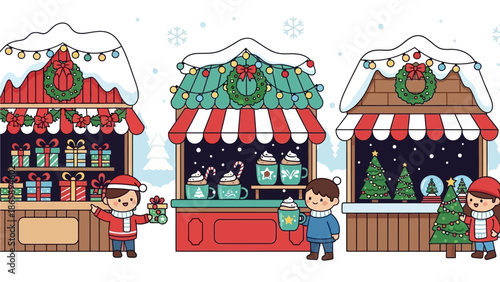 Children buying gifts from festive winter market stalls