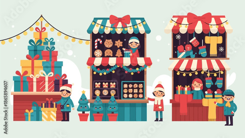 Festive winter market scene with decorated stalls and joyful vendors selling holiday treats and gifts