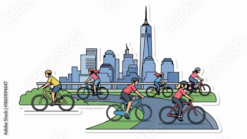 Cyclists enjoy a scenic ride through a city skyline with green parkland