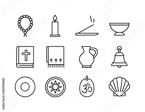 Religious Icon Line Set. Religious Items. Line icon set of Religious Items: prayer beads, candle, incense stick, offering bowl, sacred book, blessing cloth,